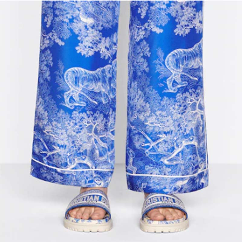 Dior Women CD Dway Slide Bright Blue Toile De Jouy Embroidered Cotton