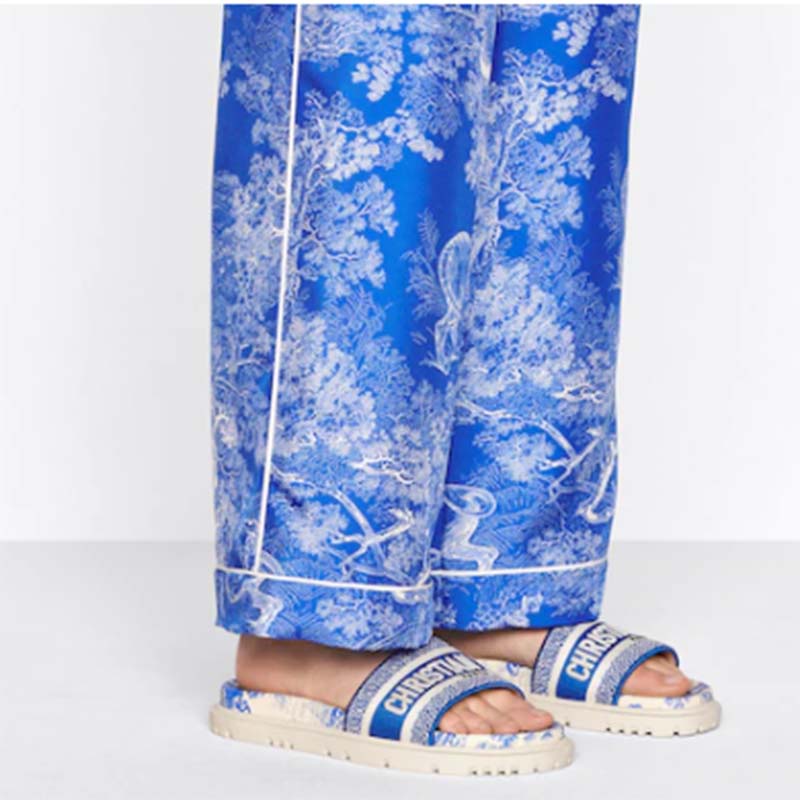 Dior Women CD Dway Slide Bright Blue Toile De Jouy Embroidered Cotton