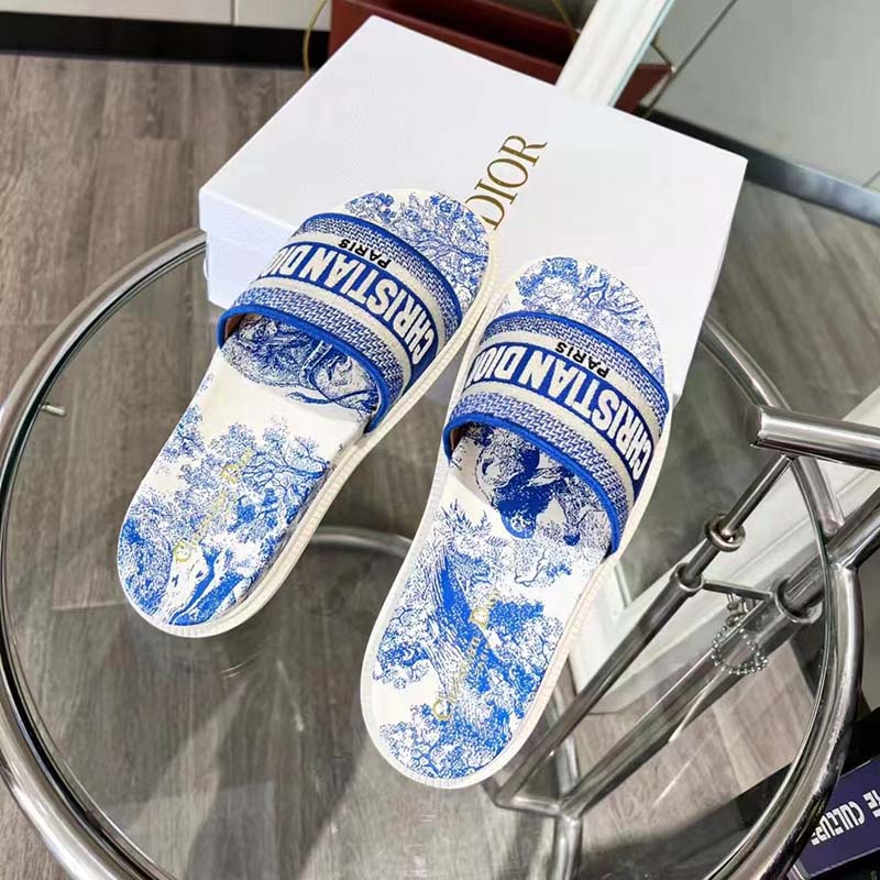 Dior Women CD Dway Slide Bright Blue Toile De Jouy Embroidered Cotton