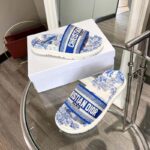 Dior Women CD Dway Slide Bright Blue Toile De Jouy Embroidered Cotton – Image 6