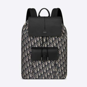 Dior Unisex CD Motion Backpack Beige Black Oblique Jacquard Black Grained Calfskin