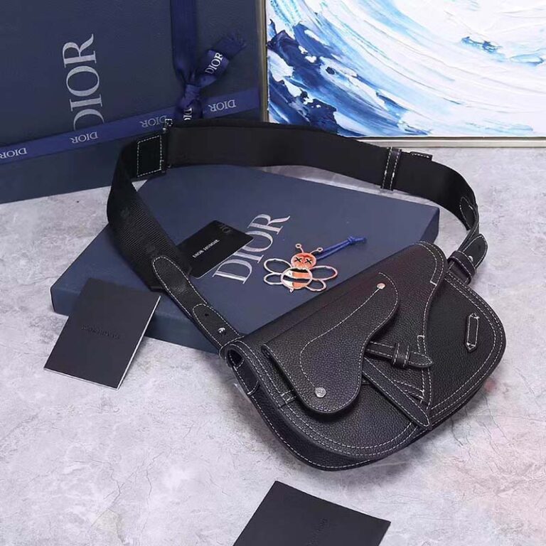 Dior Unisex CD Saddle Pouch Black Grained Calfskin Leather LULUX