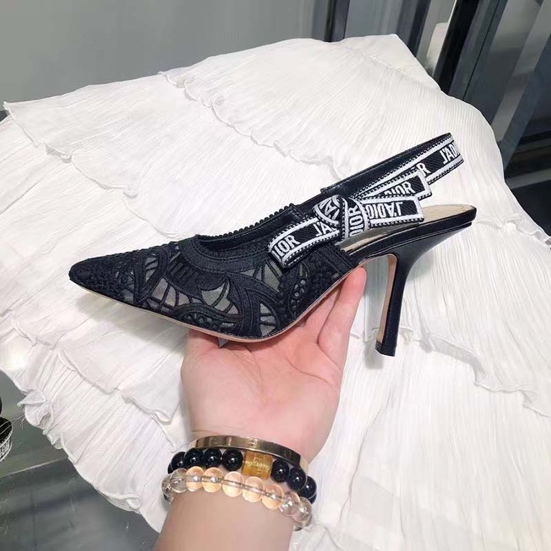 Dior Women CD J’Adior Slingback Pump Black Macramé Embroidered Cotton