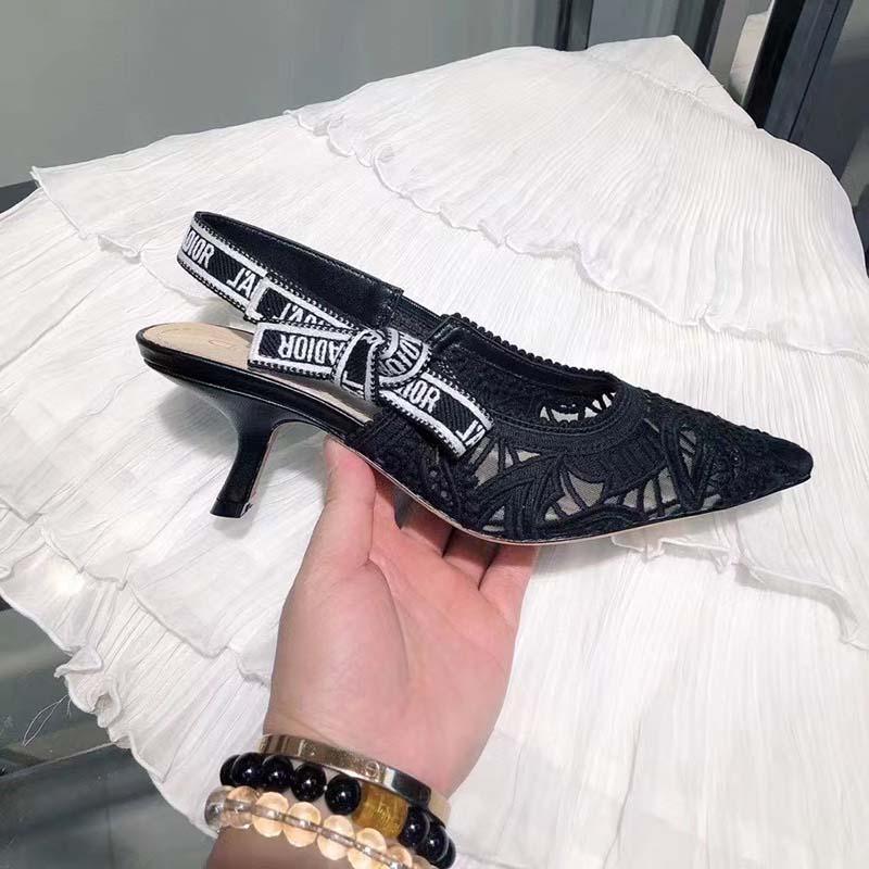 Dior Women CD J’Adior Slingback Pump Black Macramé Embroidered Cotton 6.5 Cm Heel