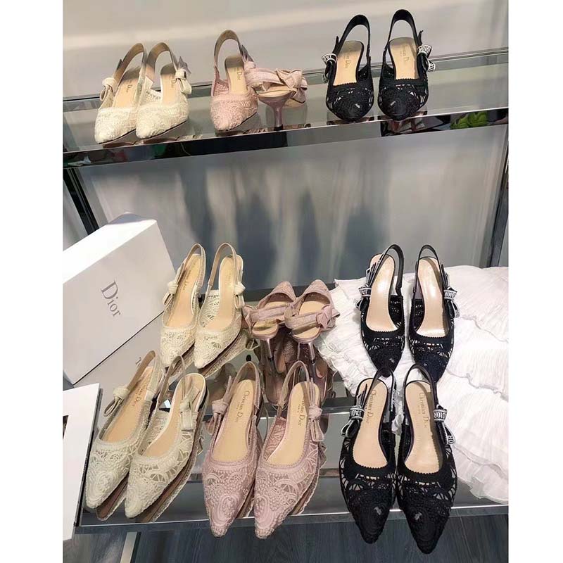 Dior Women CD J’Adior Slingback Pump Black Macramé Embroidered Cotton 6.5 Cm Heel