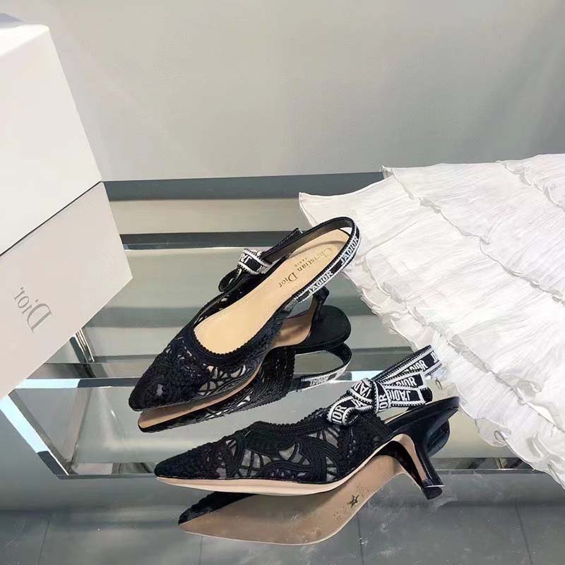 Dior Women CD J’Adior Slingback Pump Black Macramé Embroidered Cotton 6.5 Cm Heel