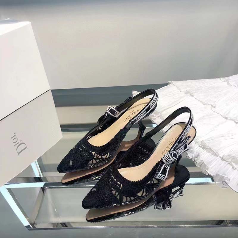 Dior Women CD J’Adior Slingback Pump Black Macramé Embroidered Cotton 6.5 Cm Heel