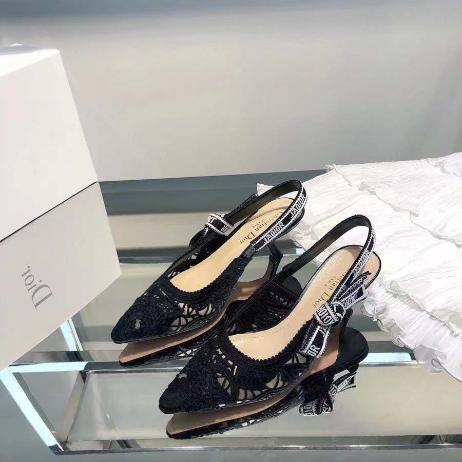 Dior Women CD J’Adior Slingback Pump Black Macramé Embroidered Cotton 6.5 Cm Heel