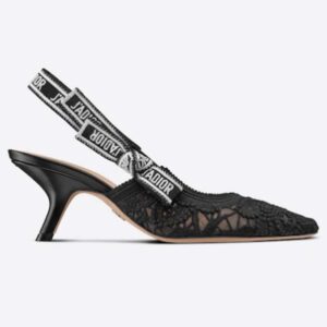 Dior Women CD J'Adior Slingback Pump Black Macramé Embroidered Cotton 6.5 Cm Heel