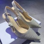 Dior Women CD J'Adior Slingback Pump White Cotton Embroidered Silver Tone Strass - Imagen 2