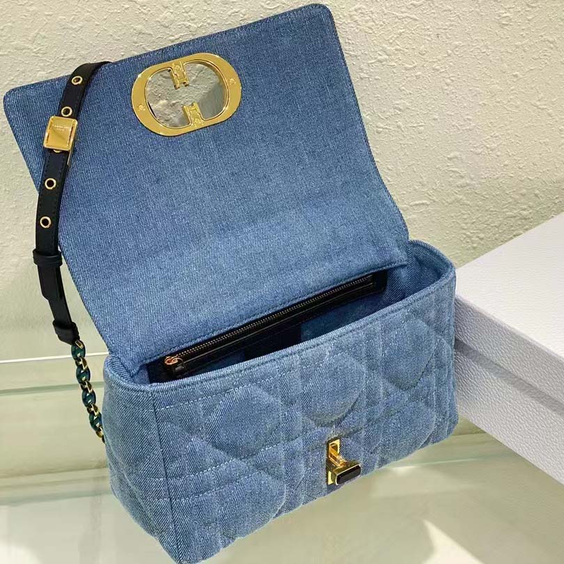 Dior Women CD Medium Dior Caro Bag Bright Blue Macrocannage Denim