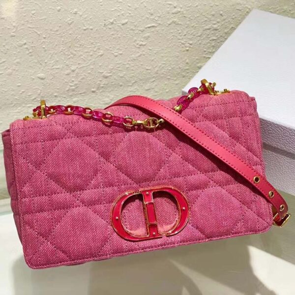 Dior Women CD Medium Dior Caro Bag Bright Pink Macrocannage Denim (6)