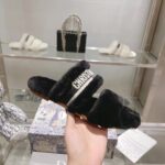Dior Women CD Shoes Chez Moi Slide Black Embroidered Cotton Black Shearling – Image 7