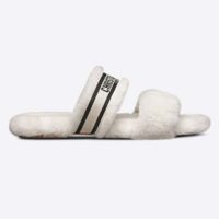 Dior Women CD Shoes Chez Moi Slide Black Embroidered Cotton White Shearling (5)