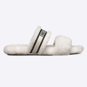 Dior Women CD Shoes Chez Moi Slide Black Embroidered Cotton White Shearling