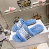 Dior Women CD Shoes Chez Moi Slide Bright Blue Embroidered Cotton Shearling (3)