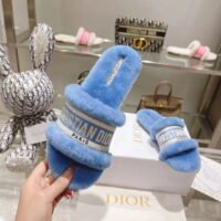 Dior Women CD Shoes Chez Moi Slide Bright Blue Embroidered Cotton Shearling (3)