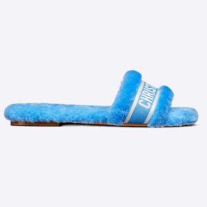 Dior Women CD Shoes Chez Moi Slide Bright Blue Embroidered Cotton Shearling