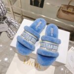 Dior Women CD Shoes Chez Moi Slide Bright Blue Embroidered Cotton Shearling – Image 4