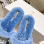 Dior Women CD Shoes Chez Moi Slide Bright Blue Embroidered Cotton Shearling – Image 9