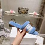 Dior Women CD Shoes Chez Moi Slide Bright Blue Embroidered Cotton Shearling – Image 6