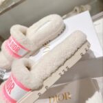 Dior Women CD Shoes Chez Moi Slide Bright Pink Cotton Embroidery White Shearling - immagine 10