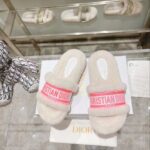 Dior Women CD Shoes Chez Moi Slide Bright Pink Cotton Embroidery White Shearling - immagine 4