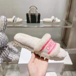 Dior Women CD Shoes Chez Moi Slide Bright Pink Cotton Embroidery White Shearling - immagine 7