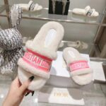 Dior Women CD Shoes Chez Moi Slide Bright Pink Cotton Embroidery White Shearling - immagine 8