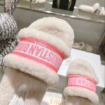Dior Women CD Shoes Chez Moi Slide Bright Pink Cotton Embroidery White Shearling - immagine 9