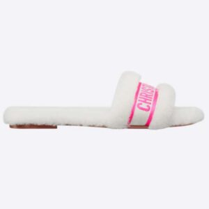 Dior Women CD Shoes Chez Moi Slide Bright Pink Cotton Embroidery White Shearling
