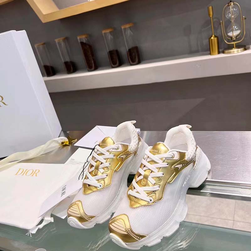 Dior Vibe White Mesh and Gold-Tone Leather Low Top Sneakers - Sneak in Peace