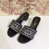 Dior Women CD Shoes Dway Heeled Slide Black Cotton Embroidered Metallic Thread Strass (5)