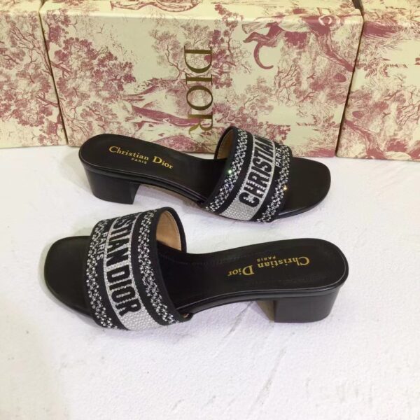 Dior Women CD Shoes Dway Heeled Slide Black Cotton Embroidered Metallic Thread Strass (4)