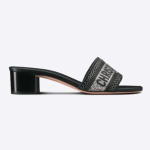 Dior Women CD Shoes Dway Heeled Slide Black Cotton Embroidered Metallic Thread Strass