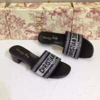 Dior Women CD Shoes Dway Heeled Slide Black Cotton Embroidered Metallic Thread Strass (5)