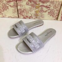 Dior Women CD Shoes Dway Slide Cotton Metallic Thread Embroidery Silver Tone Strass (7)