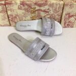 Dior Women CD Shoes Dway Slide Cotton Metallic Thread Embroidery Silver Tone Strass - Image 3