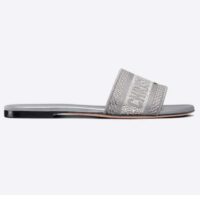 Dior Women CD Shoes Dway Slide Cotton Metallic Thread Embroidery Silver Tone Strass (7)