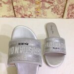 Dior Women CD Shoes Dway Slide Cotton Metallic Thread Embroidery Silver Tone Strass - Image 9