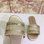 Dior Women CD Shoes Dway Slide Gold Tone Cotton Embroidered Metallic Thread Strass - Image 11