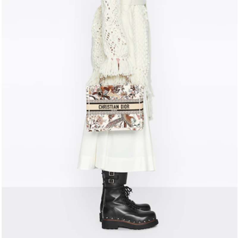 Dior Women CD Small Book Tote Latte Multicolor Dior Jardin D’Hiver Embroidery