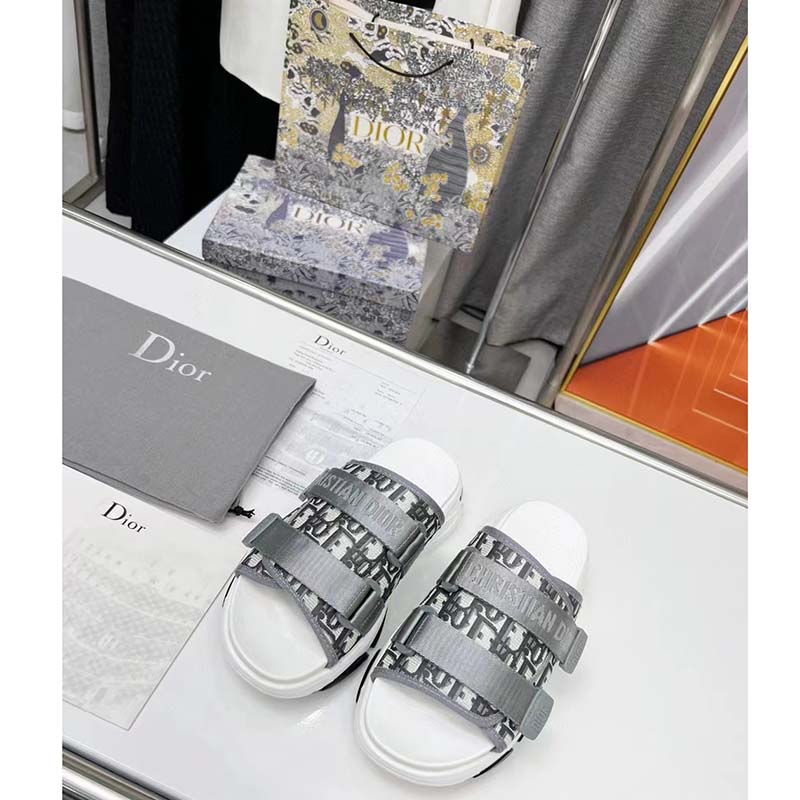 Dior Women Shoes CD D-Wander Slide Gray Technical Fabric Dior Oblique Fabric