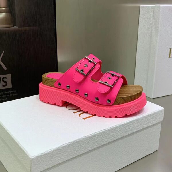 Dior Women Shoes CD Diorquake Strap Sandal Bright Pink Calfskin Wooden Insole (9)