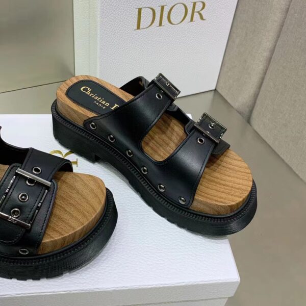 Dior Women Shoes CD Diorquake Strap Slide Black Calfskin Wooden Insole (1)