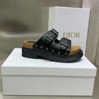 Dior Women Shoes CD Diorquake Strap Slide Black Calfskin Wooden Insole (12)