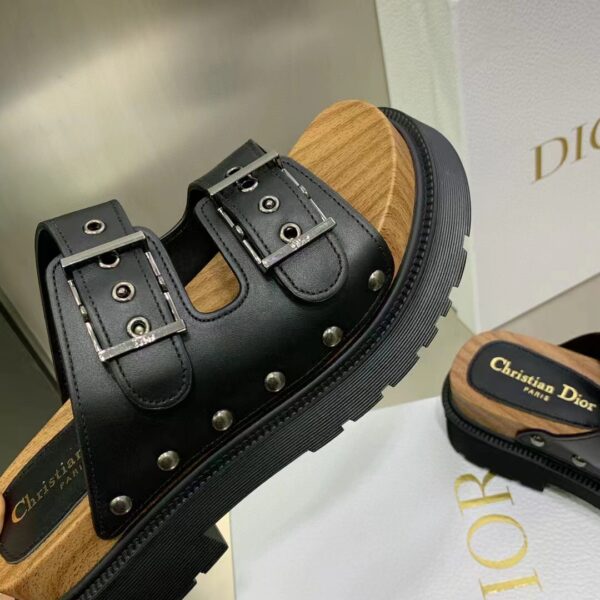 Dior Women Shoes CD Diorquake Strap Slide Black Calfskin Wooden Insole (8)