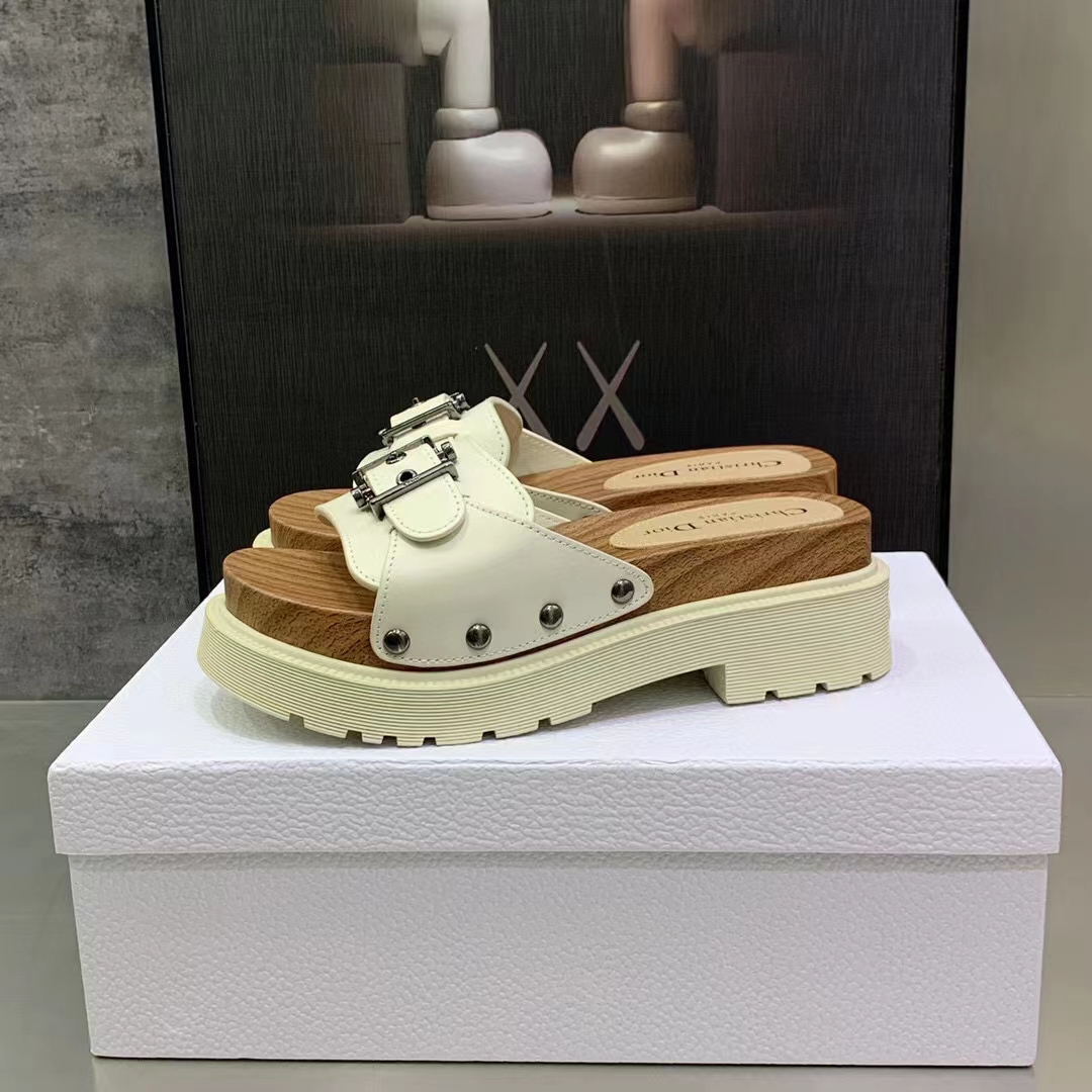 Dior Women Shoes CD Diorquake Strap Slide White Calfskin