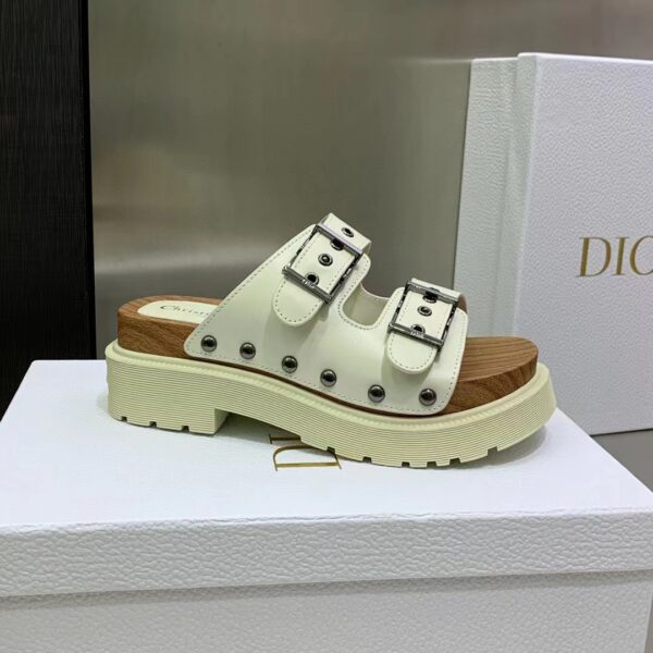 Dior Women Shoes CD Diorquake Strap Slide White Calfskin Wooden Insole (5)