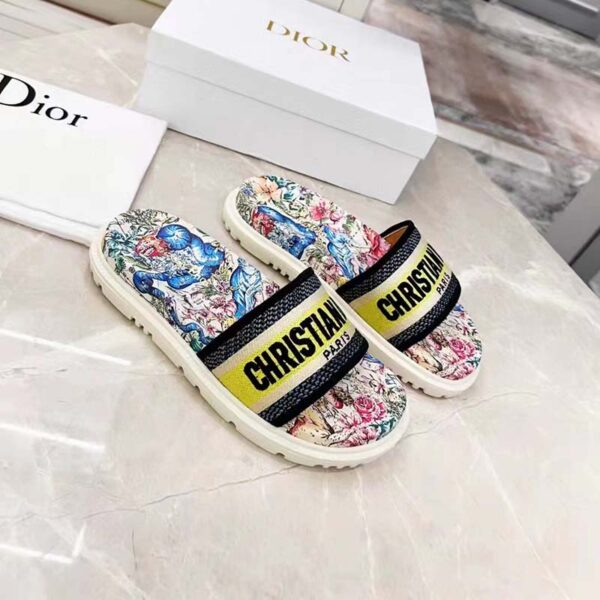 Dior Women Shoes Dway Slide White Embroidered Cotton Multicolor D-Constellation Motif (8)